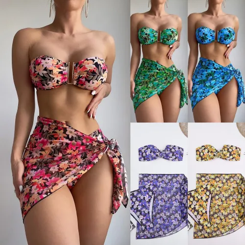 Swimsuit women's split metal U-shaped bikini BIKINI cross-border three piece printed swimsuit