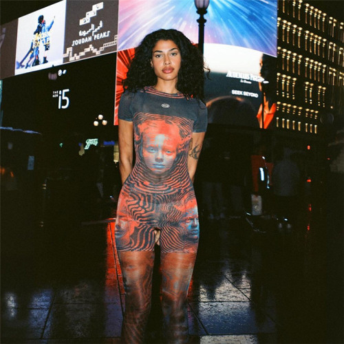 Summer Fashion Casual New Print Sexy High Waist Tight Hoodie Short Sleeve jumpsuit