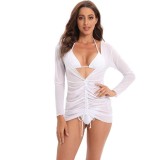 Transparent mesh digital three piece set with printed sun protection beach bikini swimsuit