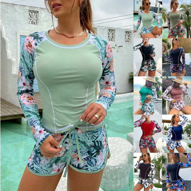 Surfing suit, long sleeved anti diving suit, printed flat angle split conservative swimsuit for women
