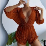 Long sleeved mesh waistband jumpsuit, high waisted printed drawstring, European and American three piece set, bikini