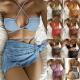 New swimsuit women's gathering drawstring sexy printed short skirt three piece set mesh bikini