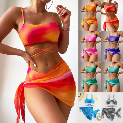 Tie dyed bikini swimsuit women's three piece set mesh skirt split swimsuit