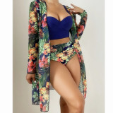 Sexy bikini mesh three piece set with gathered print split swimsuit for women