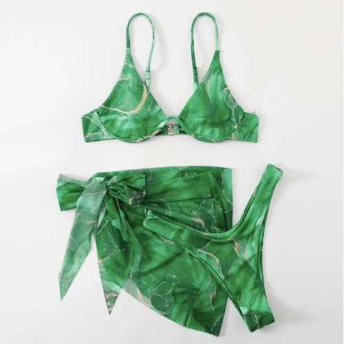 New Women's Swimsuit Marble Pattern Three Piece Set Sexy Bikini