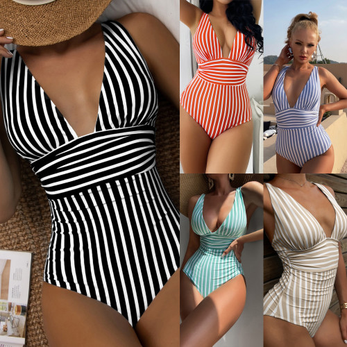 One piece large V-neck swimsuit, women's striped backless swimsuit, women's sexy