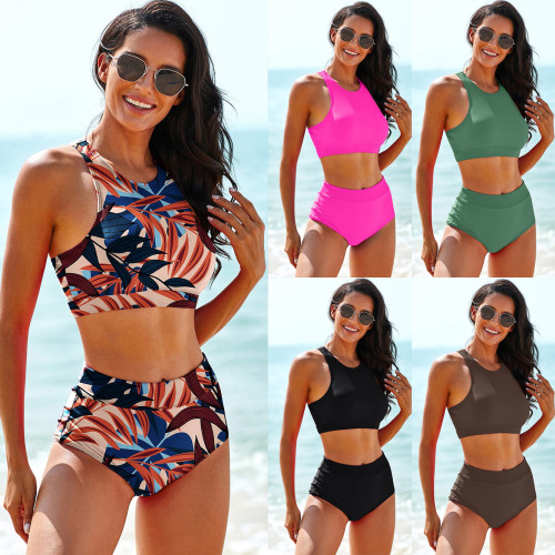 Solid color printed swimsuit split high waisted vest swimsuit