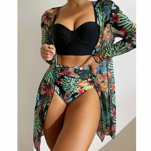 Sexy bikini mesh three piece set with gathered print split swimsuit for women