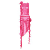 Featured New Women's Wear Perspective Mesh Sexy Open Back Lace up Spliced Wooden Ear Edge Dress