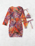 Transparent mesh digital three piece set with printed sun protection beach bikini swimsuit