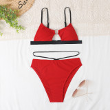 Strap women's hollowed out swimsuit, European and American high waisted solid color multi-color sexy split swimsuit, gathering bikini