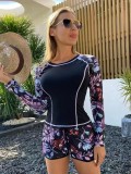 Surfing suit, long sleeved anti diving suit, printed flat angle split conservative swimsuit for women