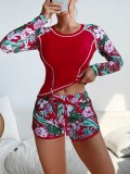 Surfing suit, long sleeved anti diving suit, printed flat angle split conservative swimsuit for women