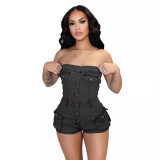 Hot selling denim jumpsuit, strapless elastic jumpsuit shorts
