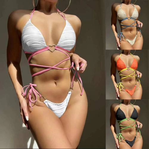 Split hard cup bikini heart drawstring strap swimsuit women's sexy swimsuit