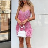 Fashionable tassel sequin multi-color birthday party sexy V-neck strap feather patchwork dress