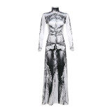Summer fashion new personalized street trendsetter digital print high waisted backless slim fit dress