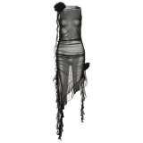 Featured New Women's Wear Perspective Mesh Sexy Open Back Lace up Spliced Wooden Ear Edge Dress