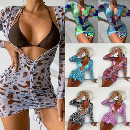 Transparent mesh digital three piece set with printed sun protection beach bikini swimsuit