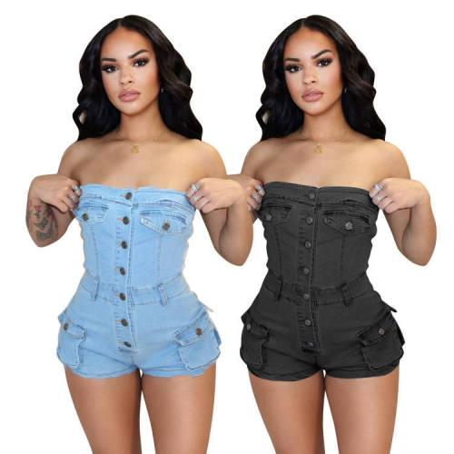 Hot selling denim jumpsuit, strapless elastic jumpsuit shorts