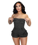 Hot selling denim jumpsuit, strapless elastic jumpsuit shorts
