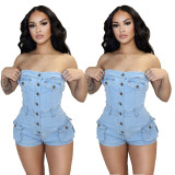 Hot selling denim jumpsuit, strapless elastic jumpsuit shorts