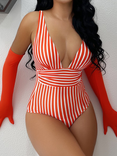 One piece large V-neck swimsuit, women's striped backless swimsuit, women's sexy