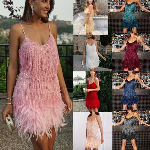 Fashionable tassel sequin multi-color birthday party sexy V-neck strap feather patchwork dress