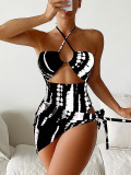 Digital printed women's sexy one-piece neck hanging triangle mesh three piece set hollowed out swimsuit