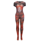 Summer Fashion Casual New Print Sexy High Waist Tight Hoodie Short Sleeve jumpsuit