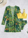 Sexy bikini mesh three piece set with gathered print split swimsuit for women