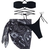 New swimsuit women's gathering drawstring sexy printed short skirt three piece set mesh bikini
