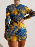 Transparent mesh digital three piece set with printed sun protection beach bikini swimsuit