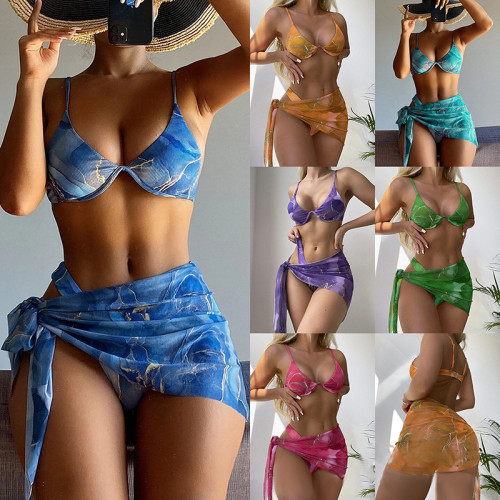 New Women's Swimsuit Marble Pattern Three Piece Set Sexy Bikini