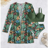Sexy bikini mesh three piece set with gathered print split swimsuit for women