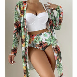 Sexy bikini mesh three piece set with gathered print split swimsuit for women