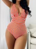 One piece large V-neck swimsuit, women's striped backless swimsuit, women's sexy