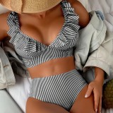 New swimsuit striped high waisted V-neck ruffled bikini swimsuit for women