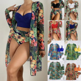 Sexy bikini mesh three piece set with gathered print split swimsuit for women