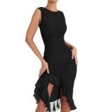 Round necked sleeveless dress, fashionable, sexy, tight fitting, backless pleats
