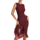 Round necked sleeveless dress, fashionable, sexy, tight fitting, backless pleats