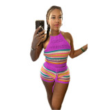 Summer Women's New Sweater Fashion Open Back Hanging Neck Top Wrapped Hip Tight Pants Set