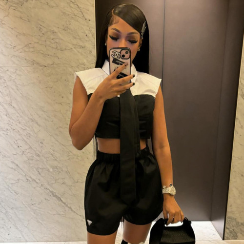 Summer new black and white contrasting color patchwork POLO collar sleeveless cardigan with exposed navel short top