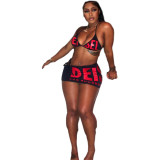 Sexy neck tie up top, high waisted, hip wrapped short skirt, bikini set