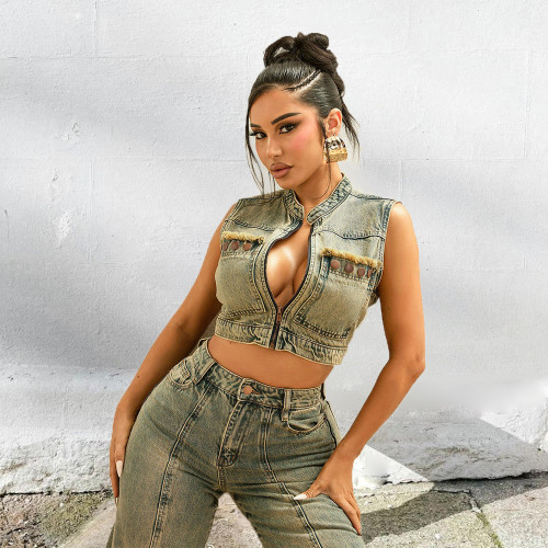 Cowboy Wash Shake Head Button Sleeveless Personalized Trendy Vest