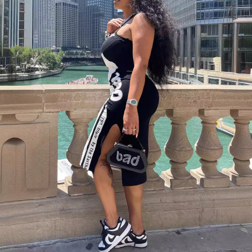 Motorcycle style digital printed casual vest, music festival tight fitting dress