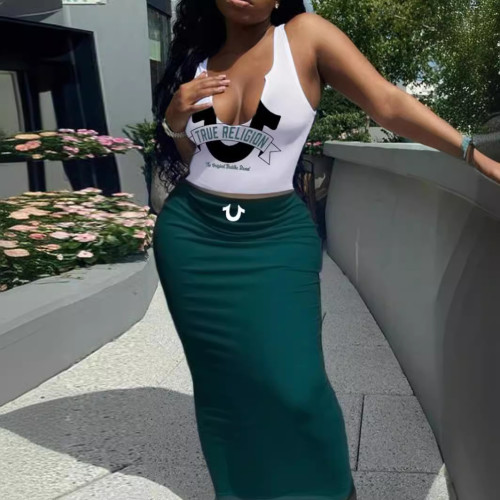 Letter logo printed tight fitting buttocks long skirt set