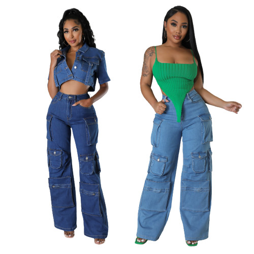 Multi bag new organ bag jeans wide leg pants retro casual pants work pants