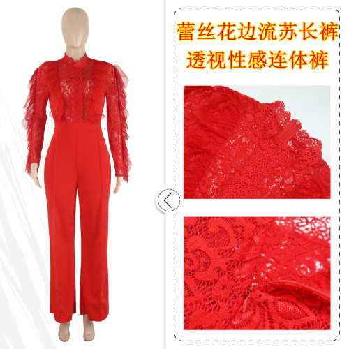 Hot selling lace lace lace fringe long pants for women's clothing, with a sexy perspective jumpsuit