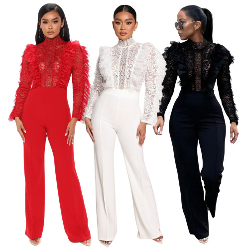 Hot selling lace lace lace fringe long pants for women's clothing, with a sexy perspective jumpsuit